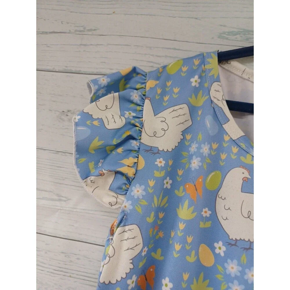 Girl Dress with Hens Eggs Chicken Butterflies Blue 6X